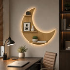 Moon Backlit Designer Wooden Wall Shelf / Book Shelf, Oak Finish