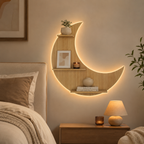 Moon Backlit Designer Wooden Wall Shelf / Book Shelf, Oak Finish