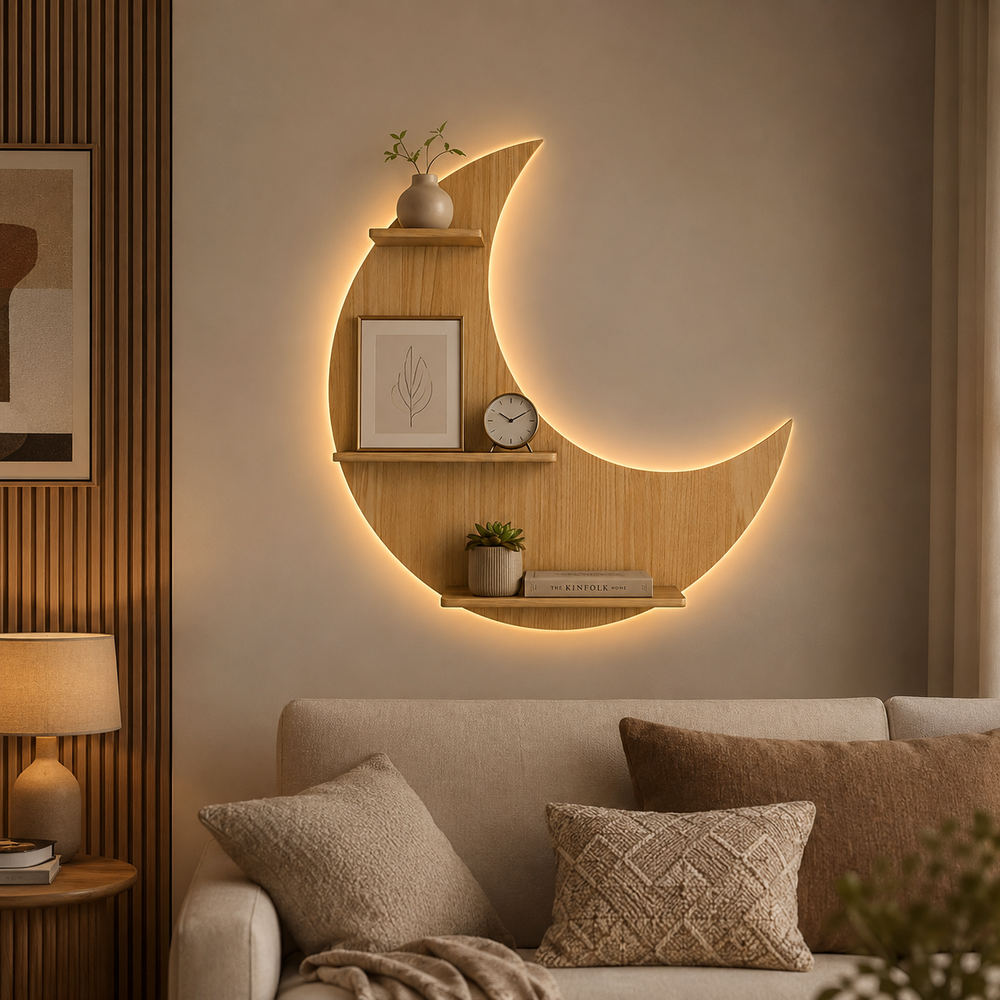 Moon Backlit Designer Wooden Wall Shelf / Book Shelf, Oak Finish