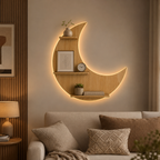 Moon Backlit Designer Wooden Wall Shelf / Book Shelf, Oak Finish