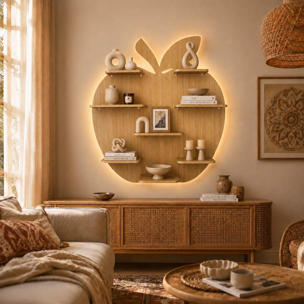 Apple Shape Backlit Designer Wooden Wall Shelf / Book Shelf / Night Light, Light Oak Finish