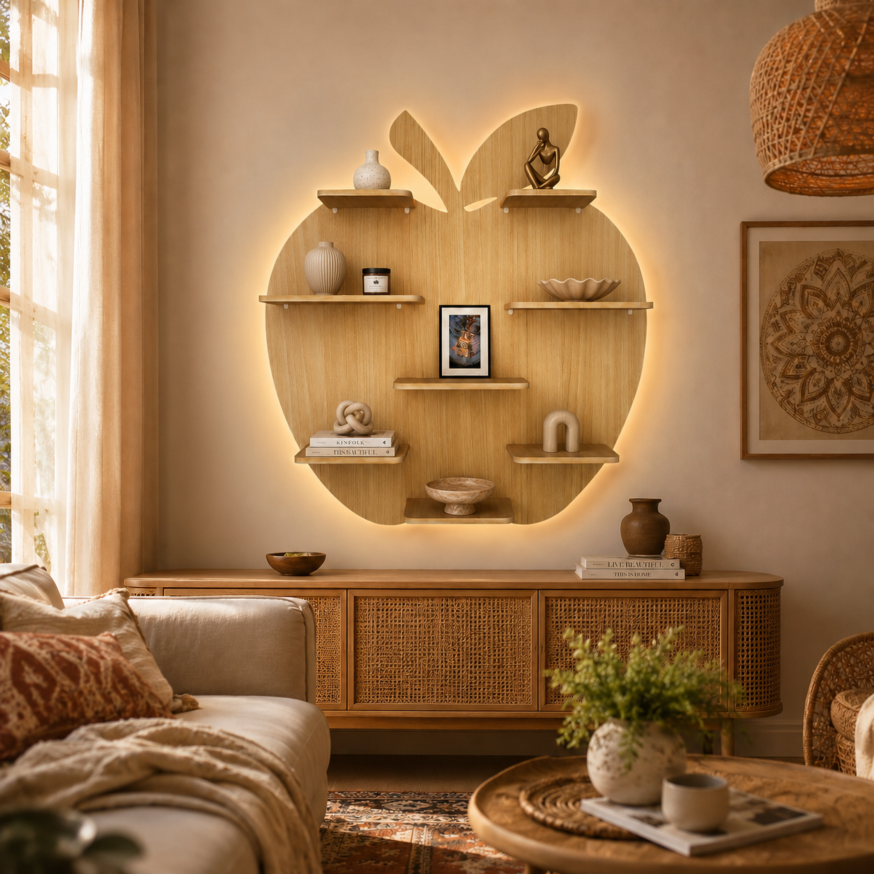 Apple Shape Backlit Designer Wooden Wall Shelf / Book Shelf / Night Light, Light Oak Finish