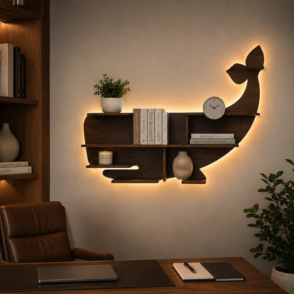 Whale Backlit Designer Wooden Wall Shelf / Book Shelf / Night Light, Walnut Finish
