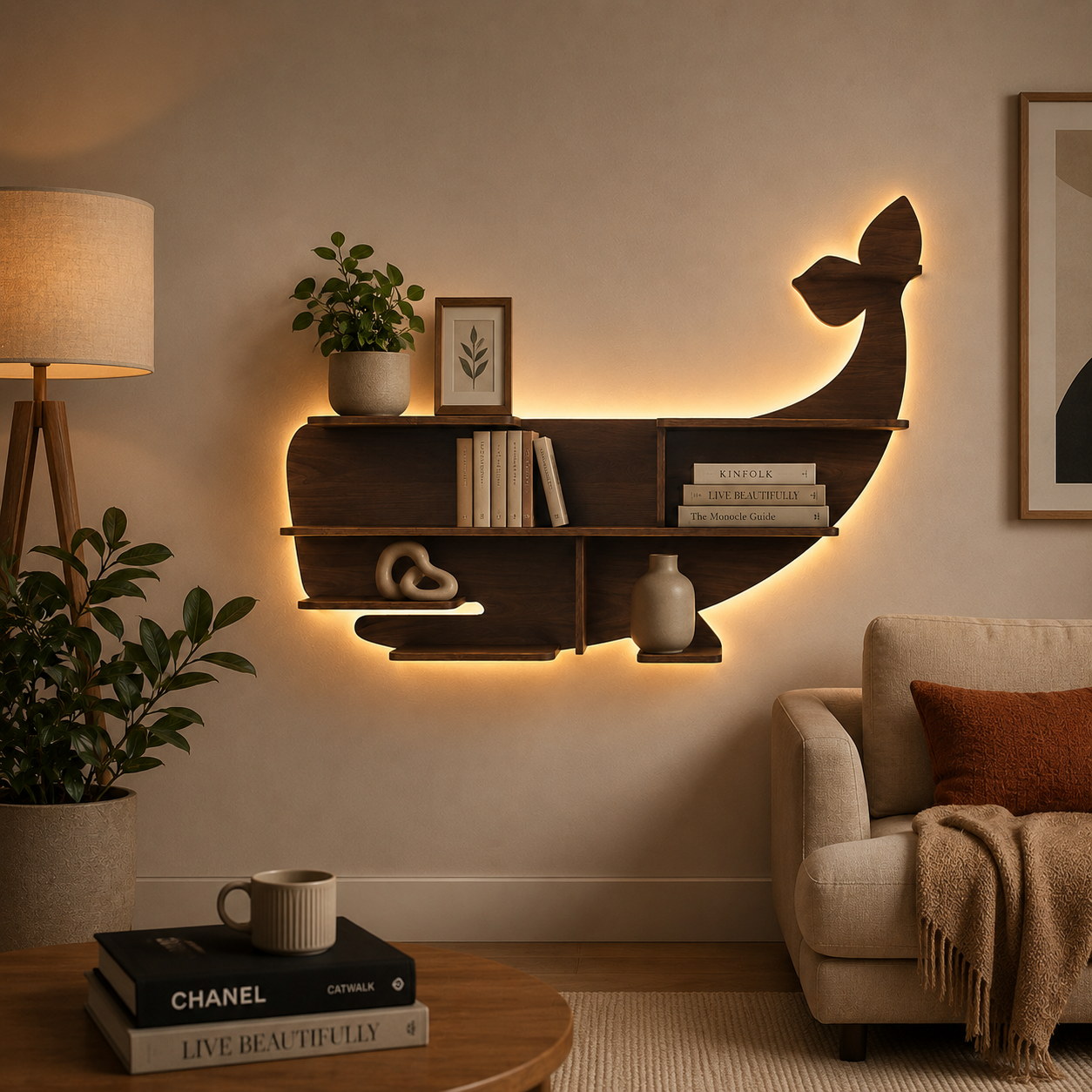 Whale Backlit Designer Wooden Wall Shelf / Book Shelf / Night Light, Walnut Finish