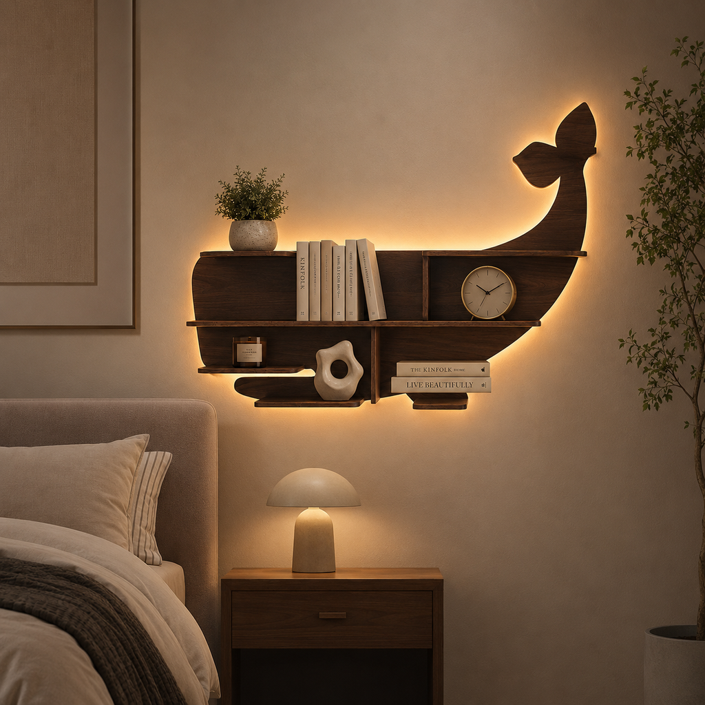 Whale Backlit Designer Wooden Wall Shelf / Book Shelf / Night Light, Walnut Finish
