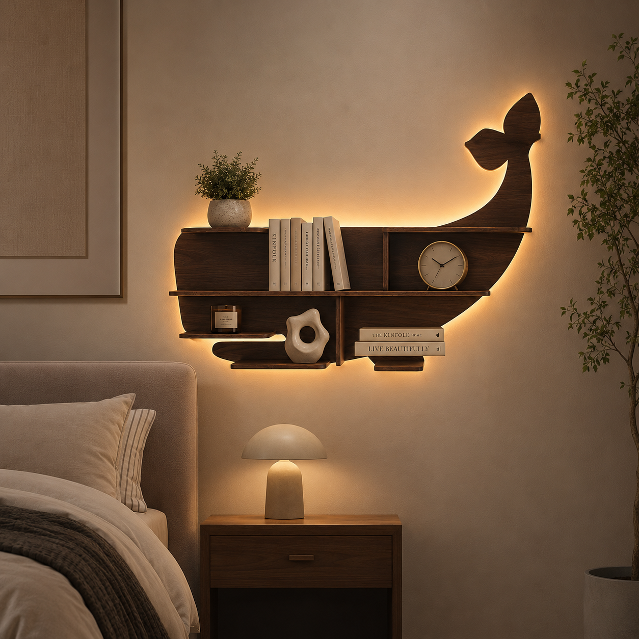 Whale Backlit Designer Wooden Wall Shelf / Book Shelf / Night Light, Walnut Finish