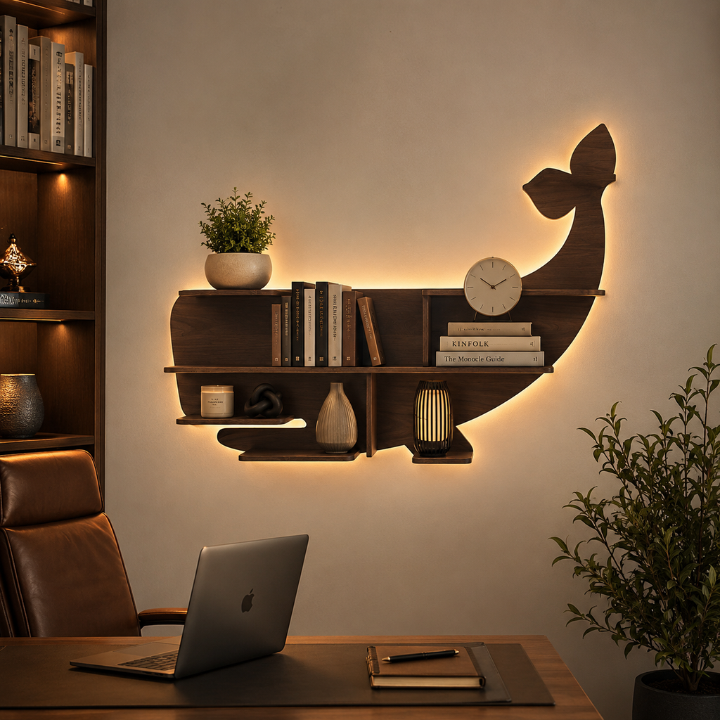 Whale Backlit Designer Wooden Wall Shelf / Book Shelf / Night Light, Walnut Finish