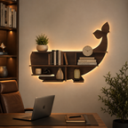 Whale Backlit Designer Wooden Wall Shelf / Book Shelf / Night Light, Walnut Finish