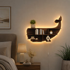 Whale Backlit Designer Wooden Wall Shelf / Book Shelf / Night Light, Walnut Finish