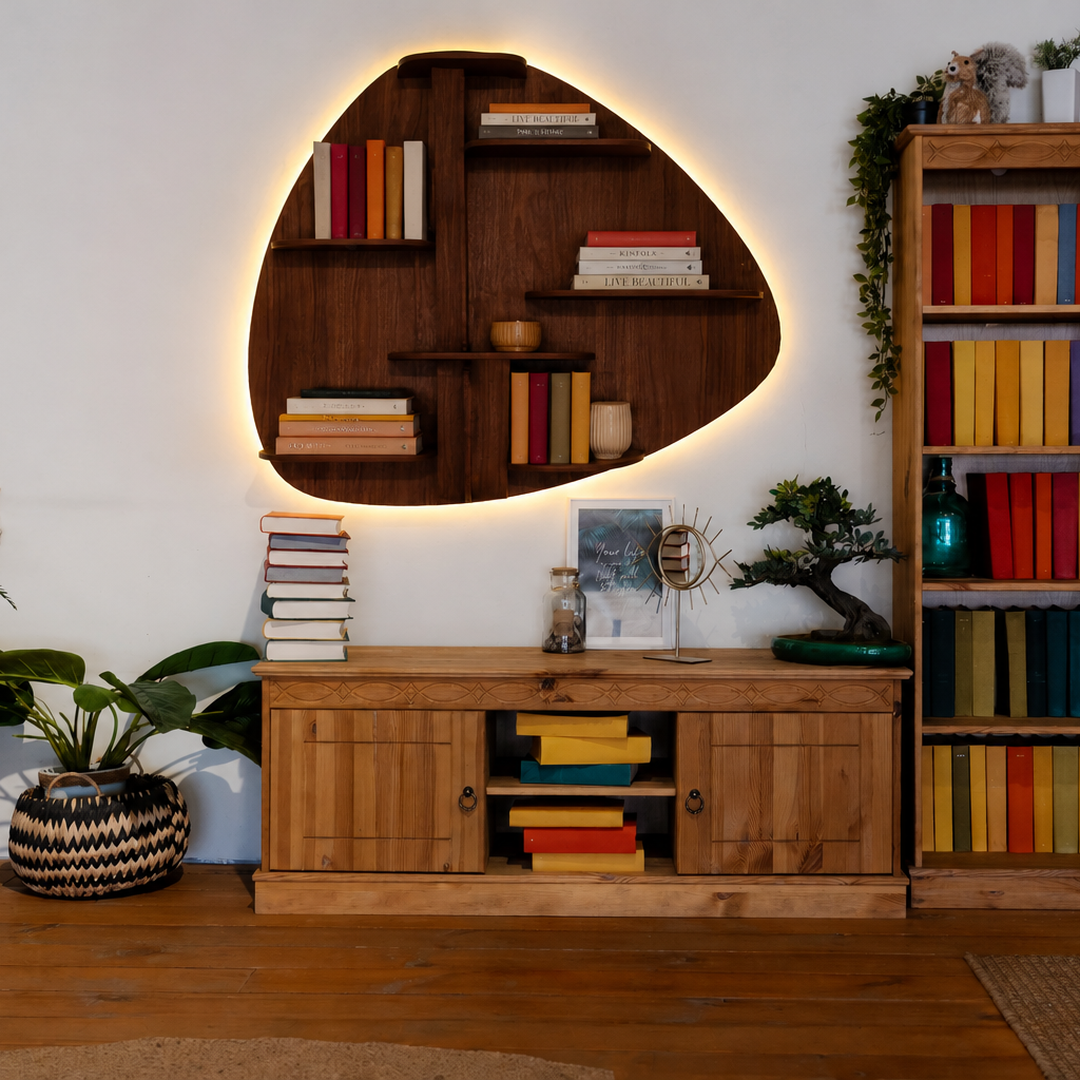 Abstract Shape Backlit Designer Wooden Wall Shelf / Book Shelf / Night Light, Walnut Finish