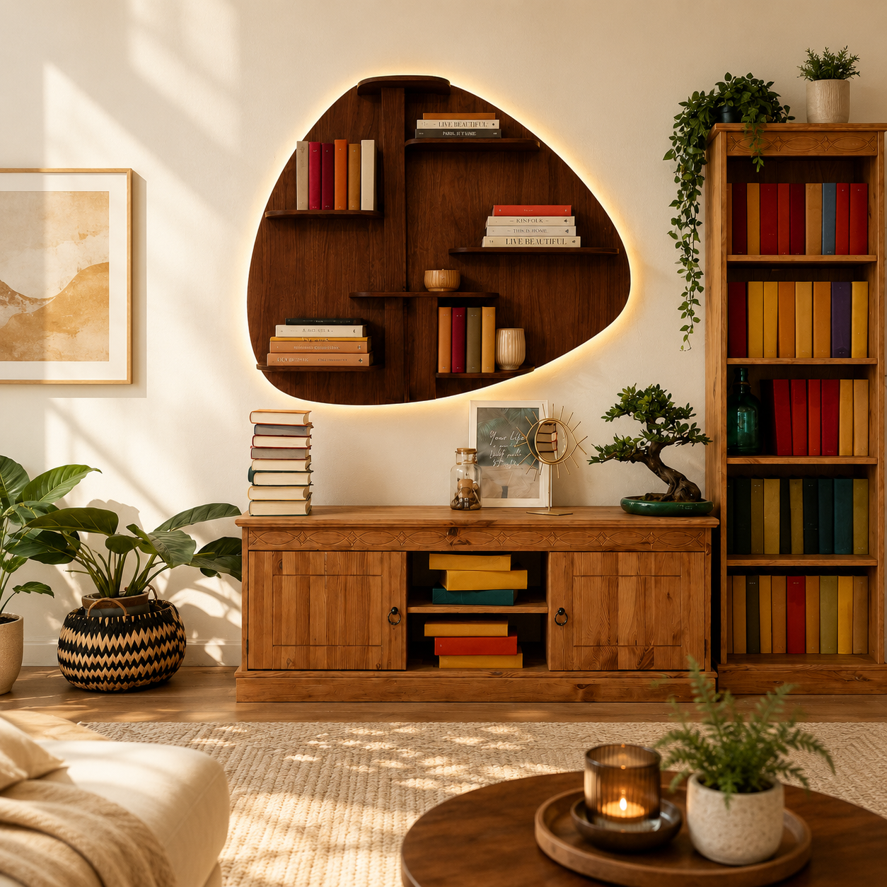 Abstract Shape Backlit Designer Wooden Wall Shelf / Book Shelf / Night Light, Walnut Finish