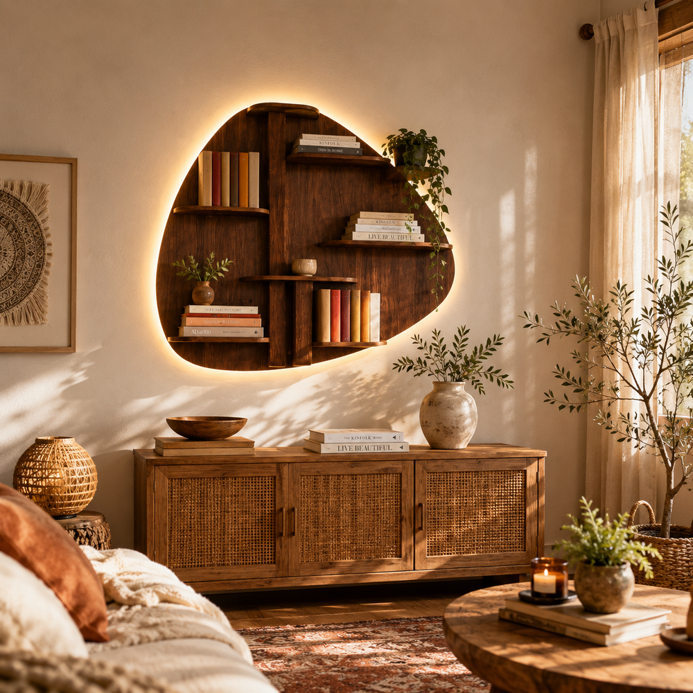 Abstract Shape Backlit Designer Wooden Wall Shelf / Book Shelf / Night Light, Walnut Finish