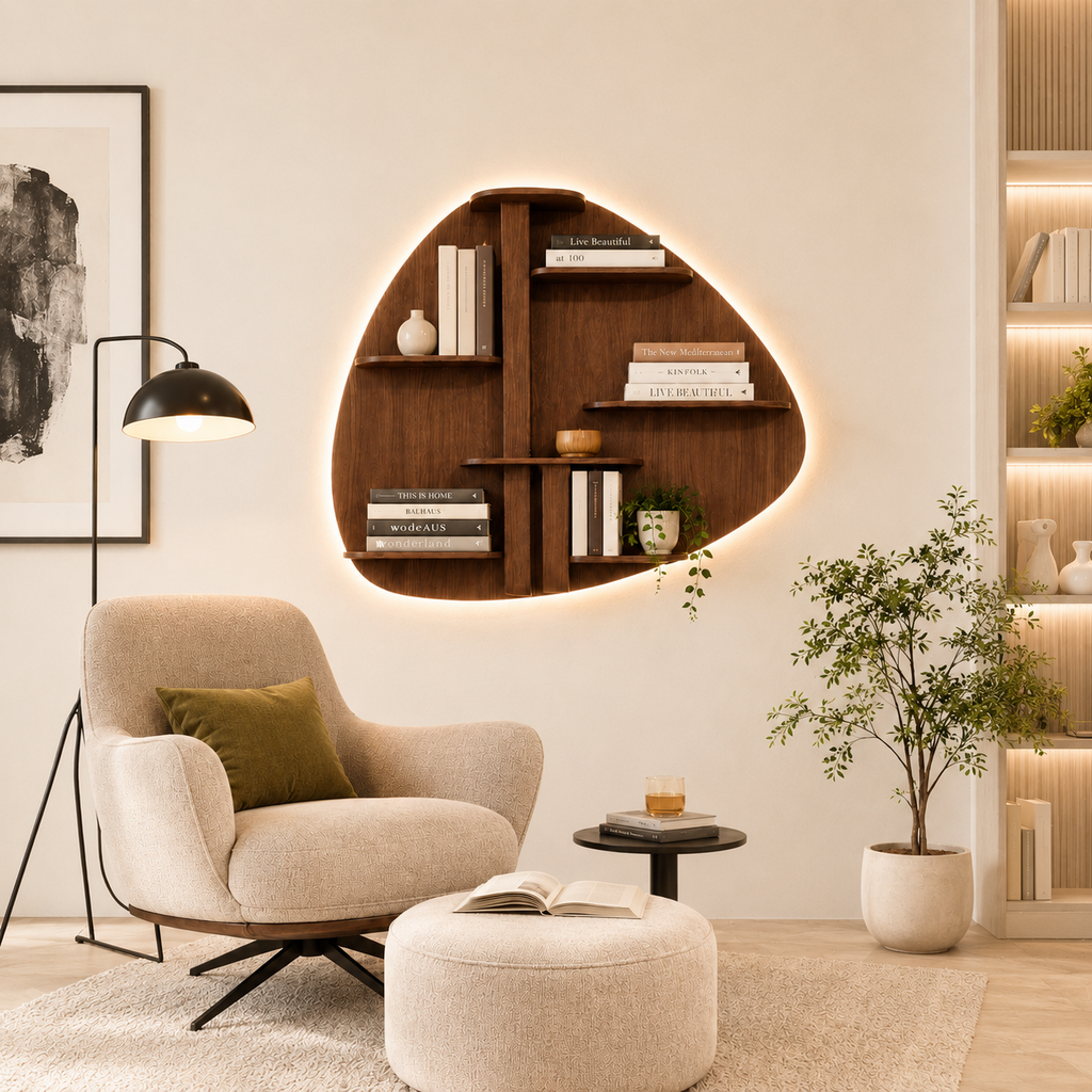Abstract Shape Backlit Designer Wooden Wall Shelf / Book Shelf / Night Light, Walnut Finish