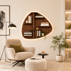 Abstract Shape Backlit Designer Wooden Wall Shelf / Book Shelf / Night Light, Walnut Finish
