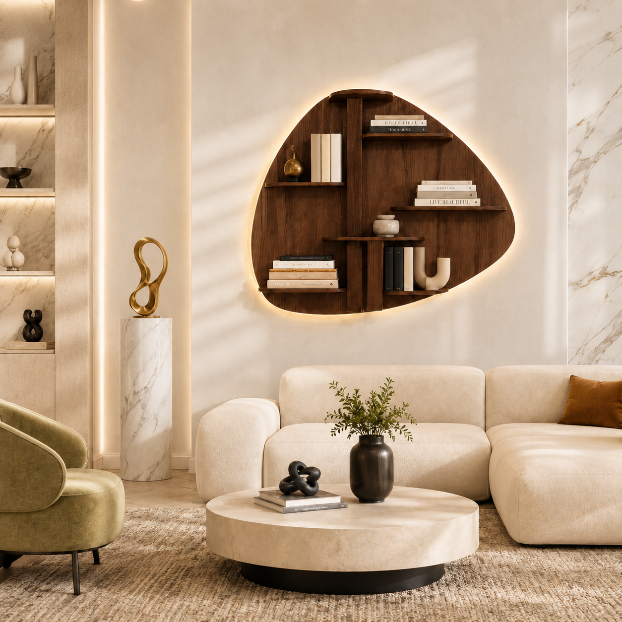 Abstract Shape Backlit Designer Wooden Wall Shelf / Book Shelf / Night Light, Walnut Finish