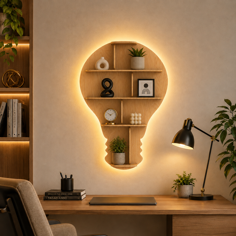 Bulb Shape Backlit Designer Wooden Wall Shelf / Book Shelf / Night Light, Light Oak Finish