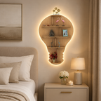Bulb Shape Backlit Designer Wooden Wall Shelf / Book Shelf / Night Light, Light Oak Finish