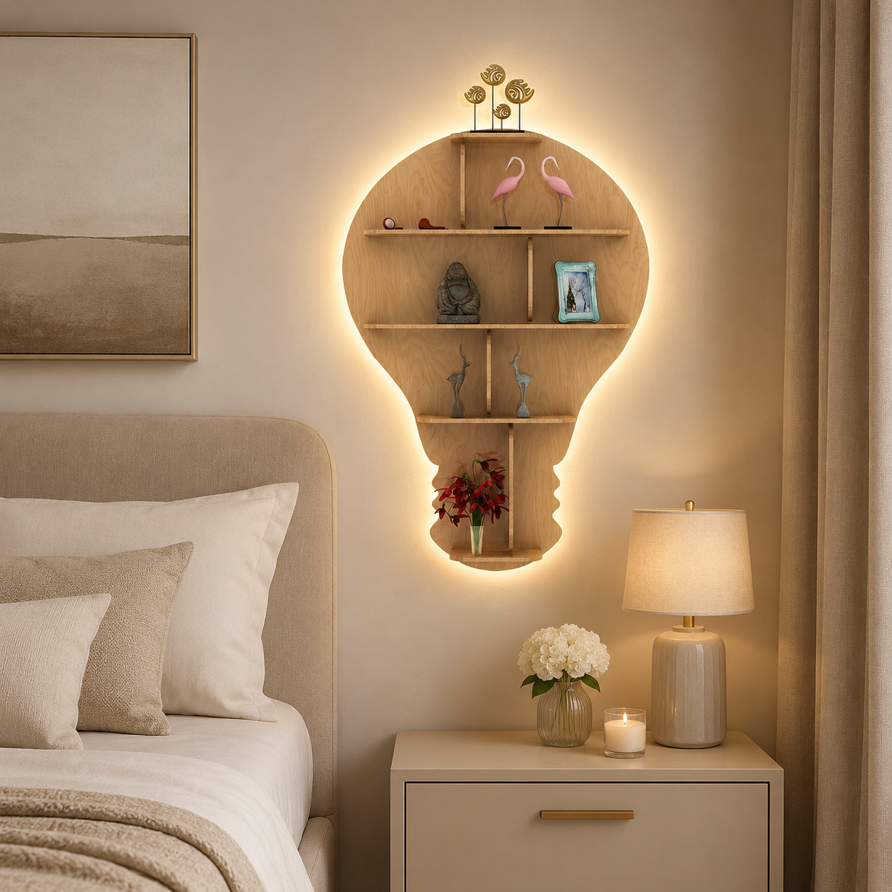 Bulb Shape Backlit Designer Wooden Wall Shelf / Book Shelf / Night Light, Light Oak Finish