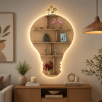 Bulb Shape Backlit Designer Wooden Wall Shelf / Book Shelf / Night Light, Light Oak Finish
