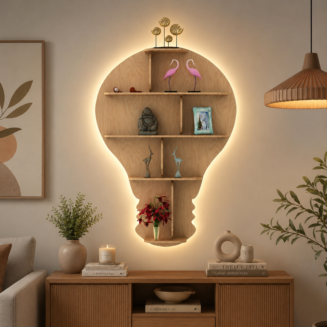 Bulb Shape Backlit Designer Wooden Wall Shelf / Book Shelf / Night Light, Light Oak Finish