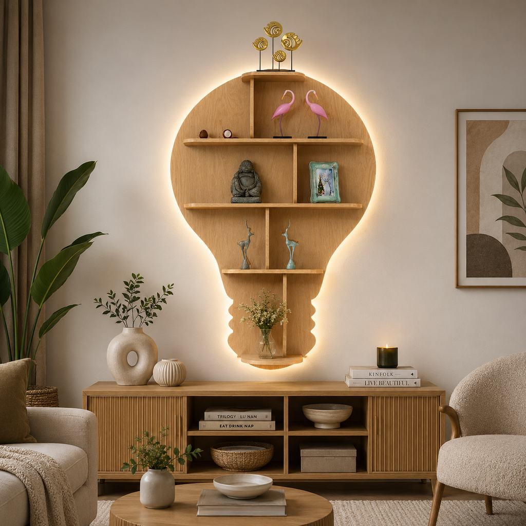 Bulb Shape Backlit Designer Wooden Wall Shelf / Book Shelf / Night Light, Light Oak Finish