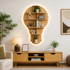 Bulb Shape Backlit Designer Wooden Wall Shelf / Book Shelf / Night Light, Light Oak Finish