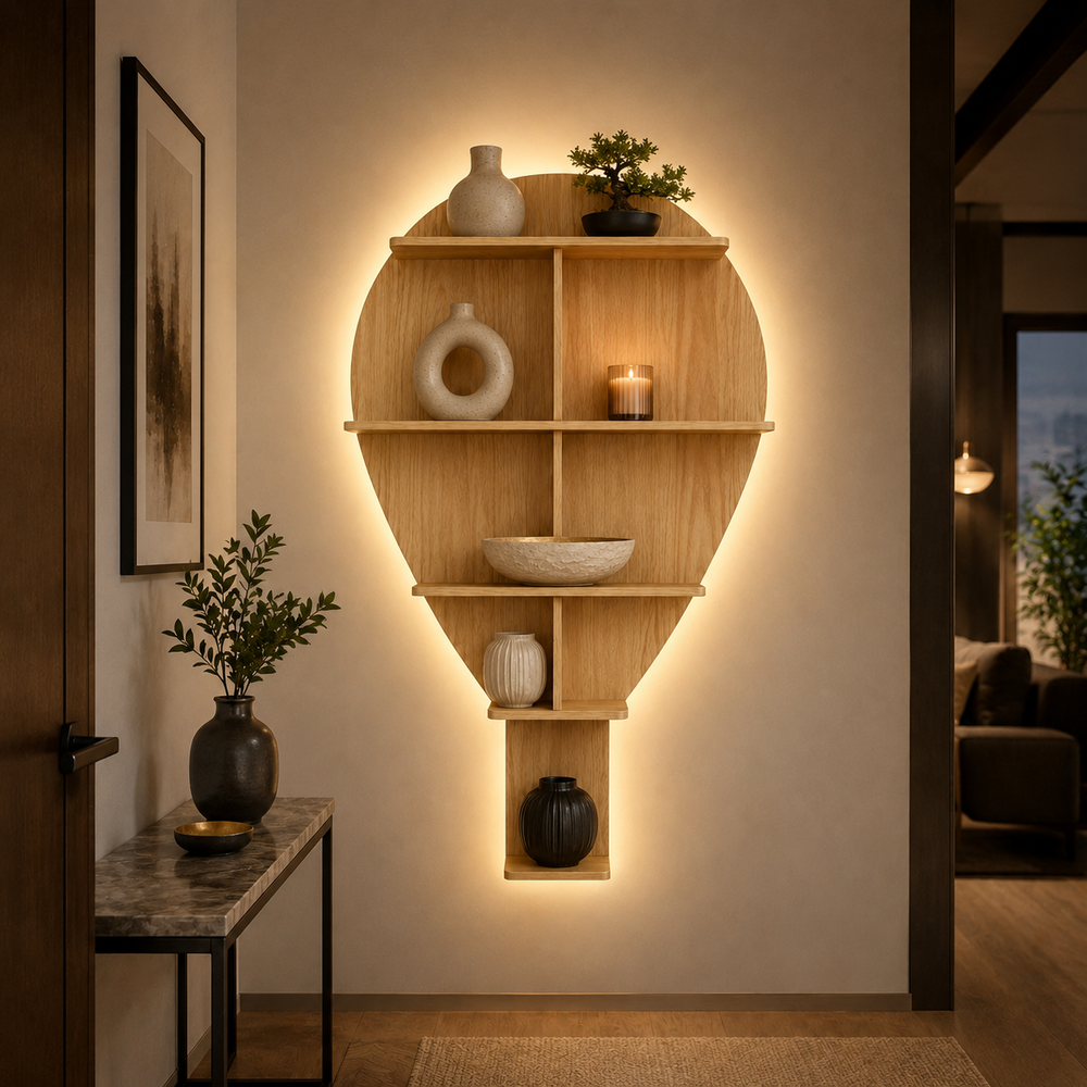 Hot Air Balloon Backlit Designer Wooden Wall Shelf / Book Shelf / Night Light, Light Oak Finish
