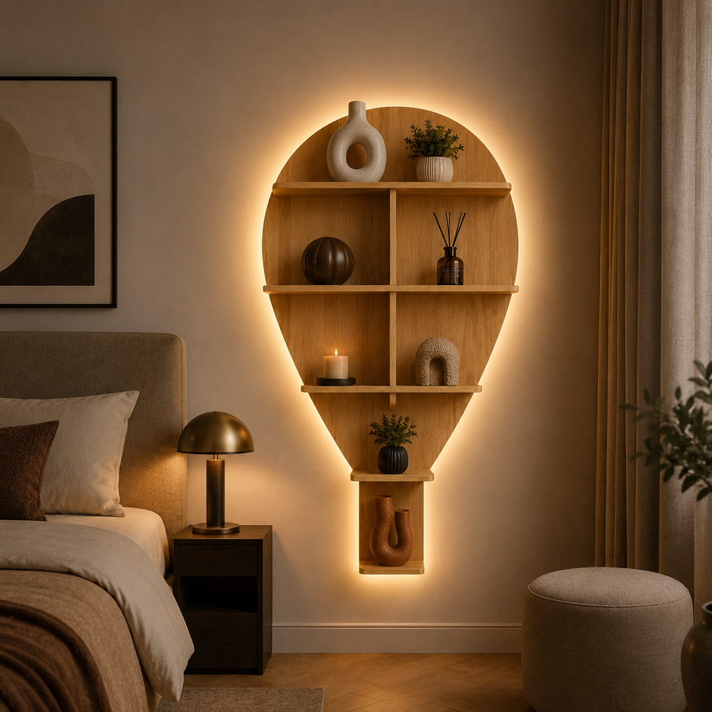 Hot Air Balloon Backlit Designer Wooden Wall Shelf / Book Shelf / Night Light, Light Oak Finish