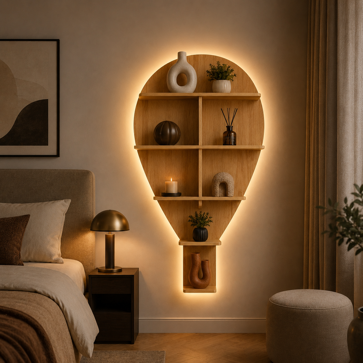 Hot Air Balloon Backlit Designer Wooden Wall Shelf / Book Shelf / Night Light, Light Oak Finish