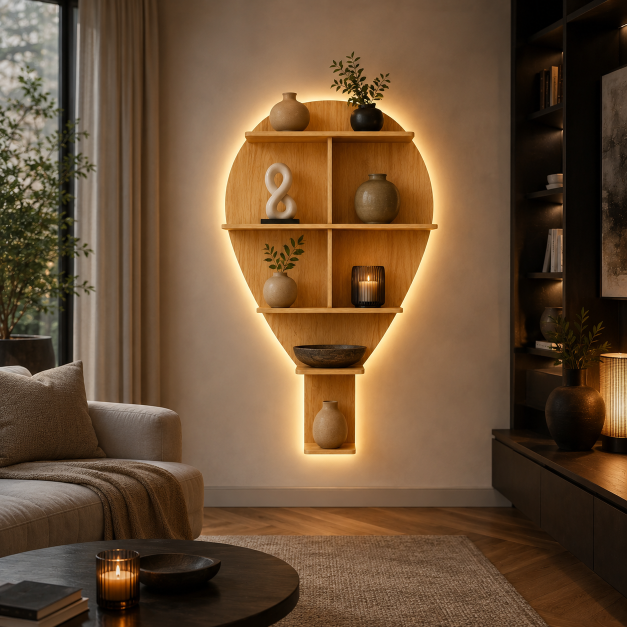 Hot Air Balloon Backlit Designer Wooden Wall Shelf / Book Shelf / Night Light, Light Oak Finish