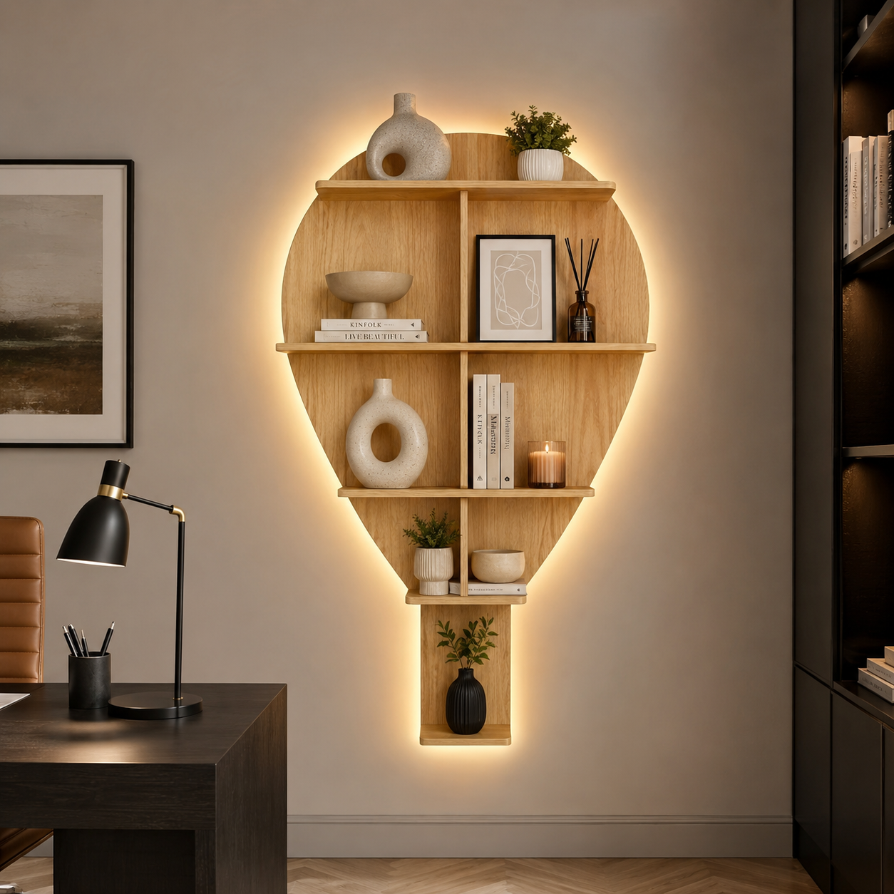 Hot Air Balloon Backlit Designer Wooden Wall Shelf / Book Shelf / Night Light, Light Oak Finish