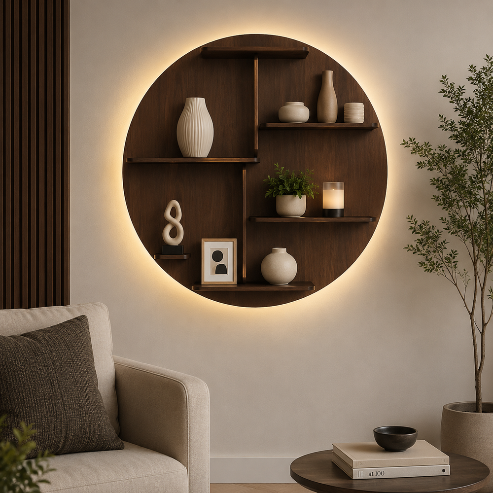 Circle Shape Dark Backlit Designer Wooden Wall Shelf / Book Shelf / Night Light, Walnut Finish