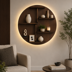 Circle Shape Dark Backlit Designer Wooden Wall Shelf / Book Shelf / Night Light, Walnut Finish