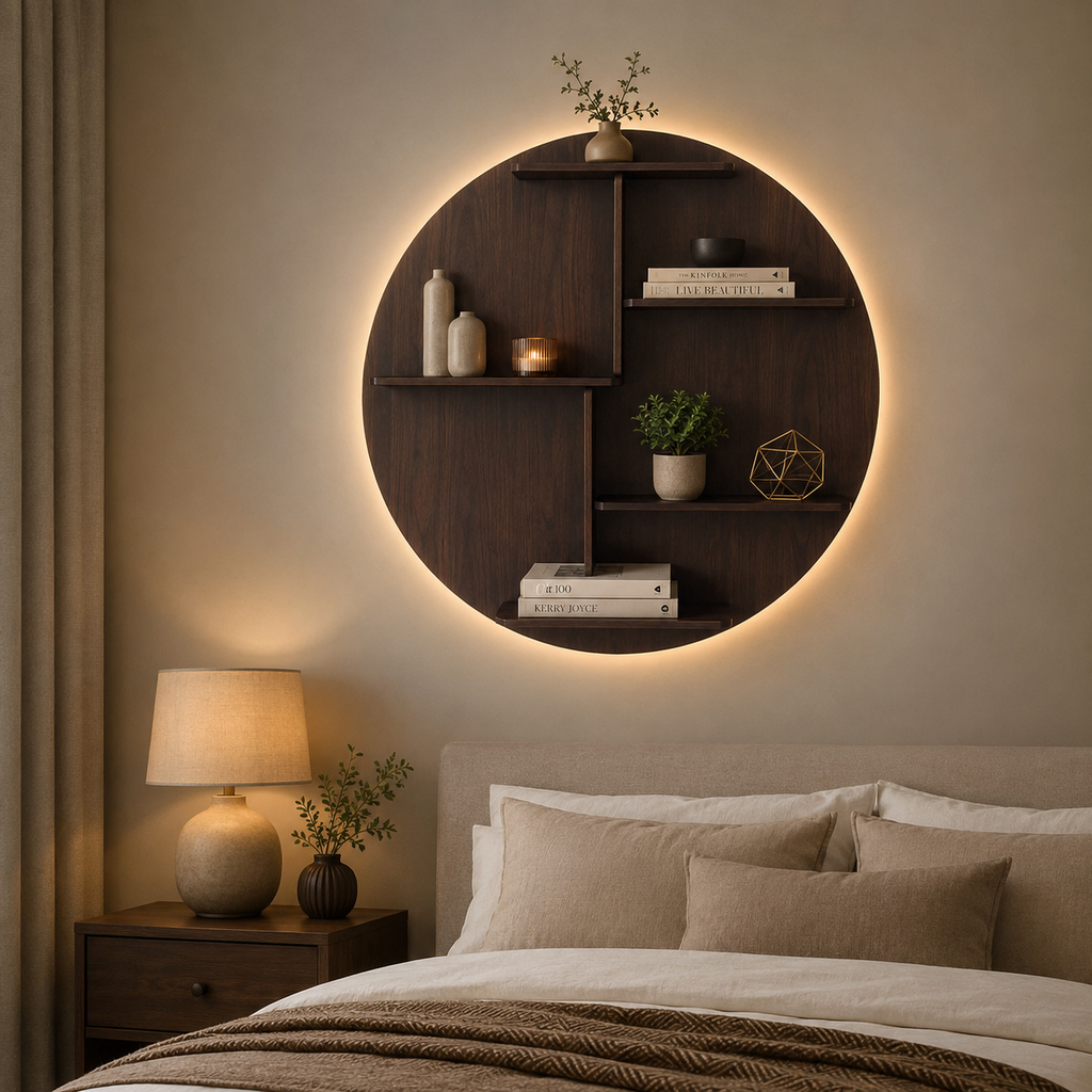 Circle Shape Dark Backlit Designer Wooden Wall Shelf / Book Shelf / Night Light, Walnut Finish