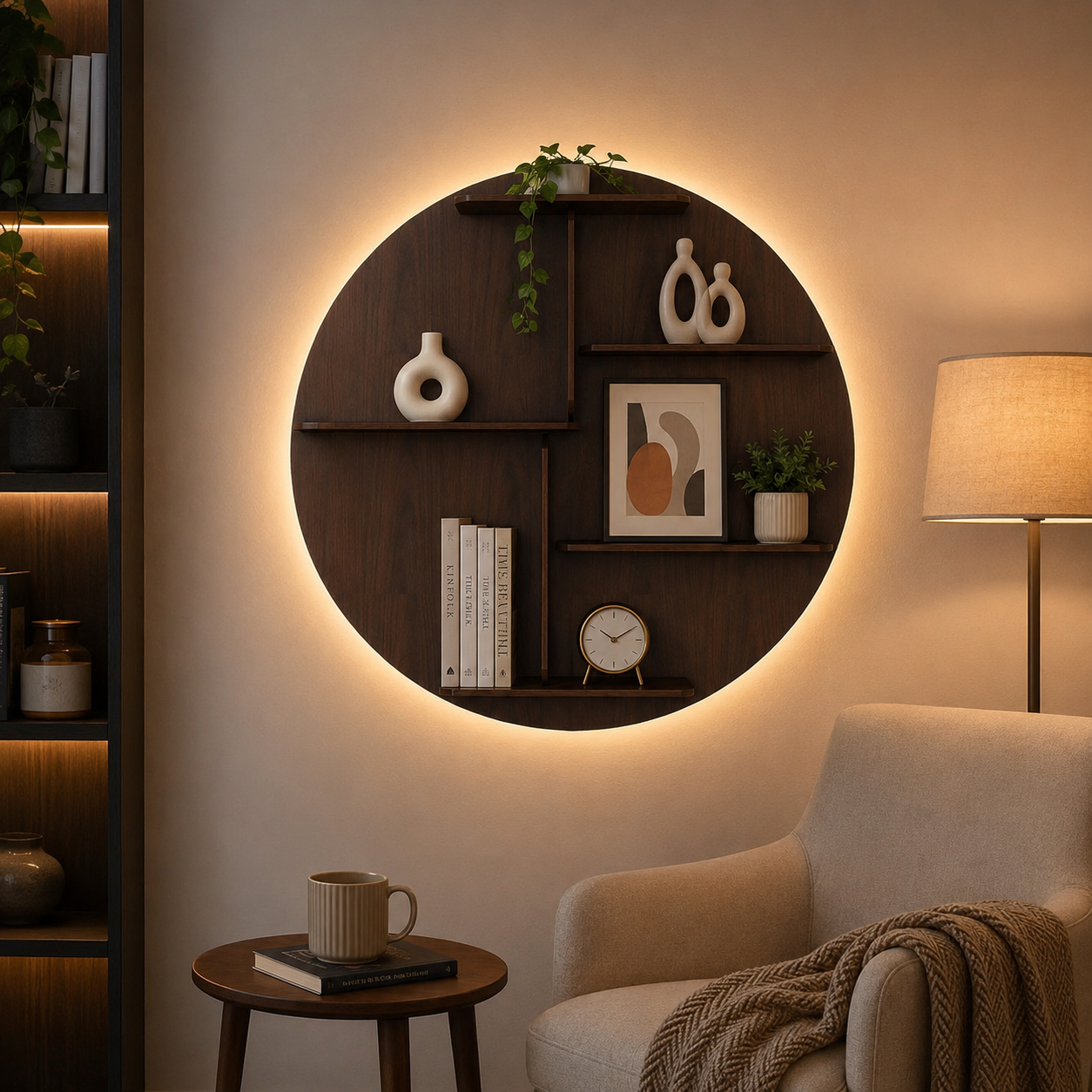 Circle Shape Dark Backlit Designer Wooden Wall Shelf / Book Shelf / Night Light, Walnut Finish