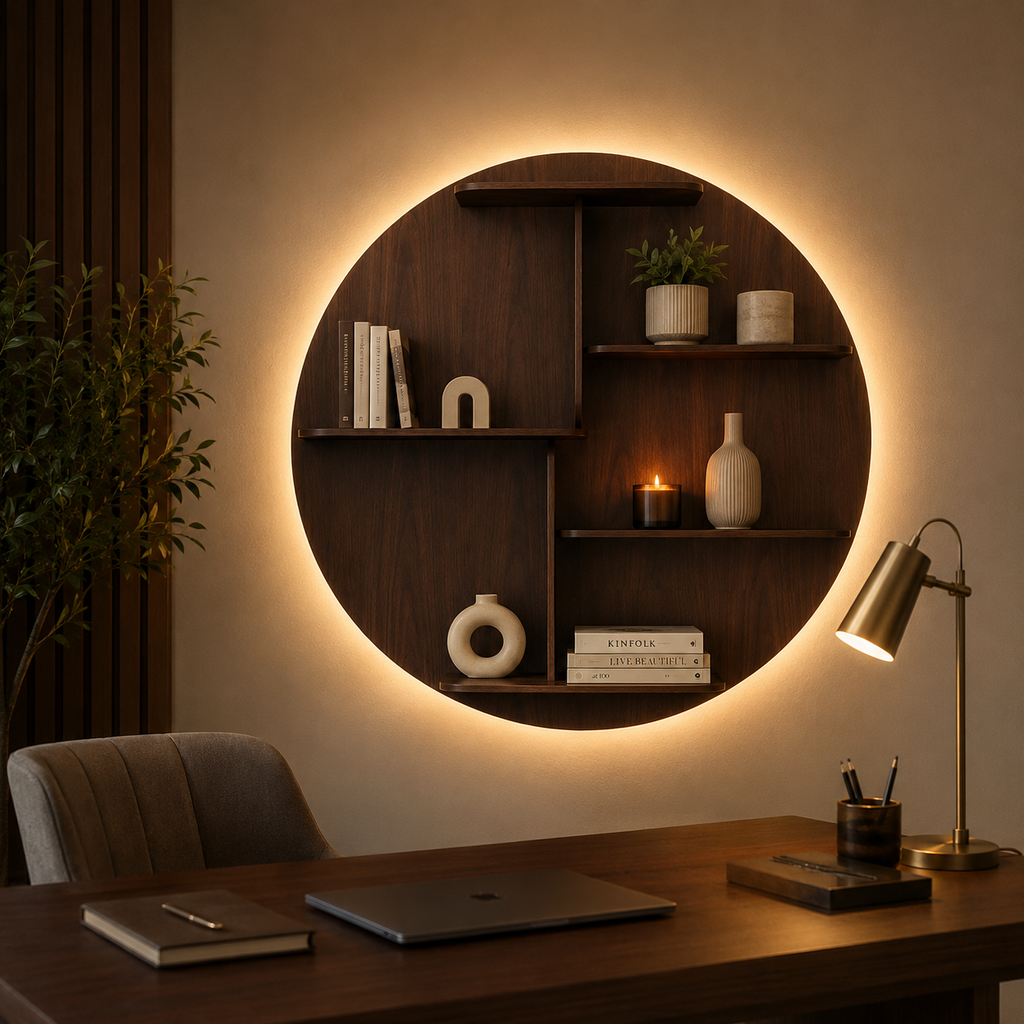 Circle Shape Dark Backlit Designer Wooden Wall Shelf / Book Shelf / Night Light, Walnut Finish