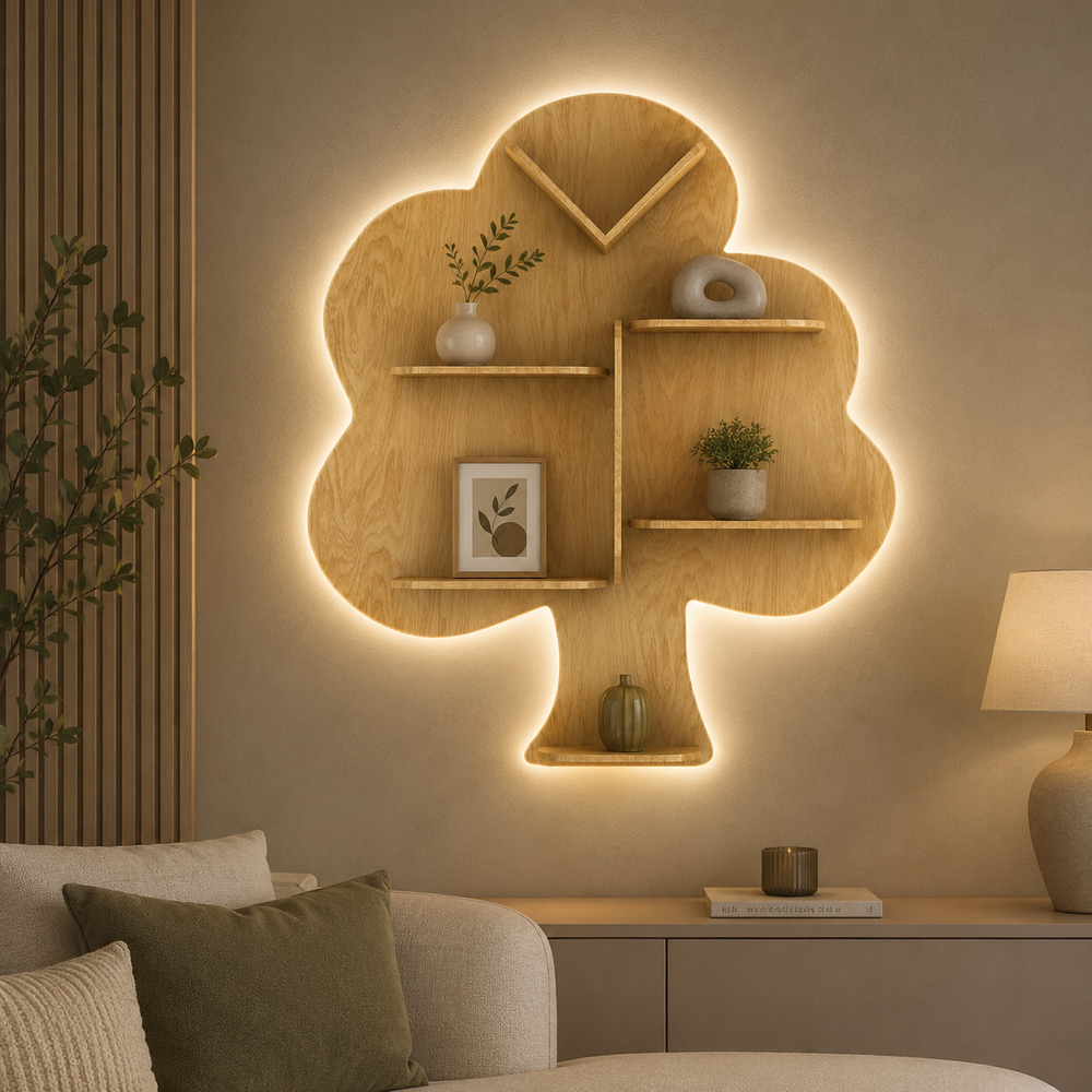 Tree Backlit Designer Wooden Wall Shelf / Book Shelf / Night Light, Light Oak Finish