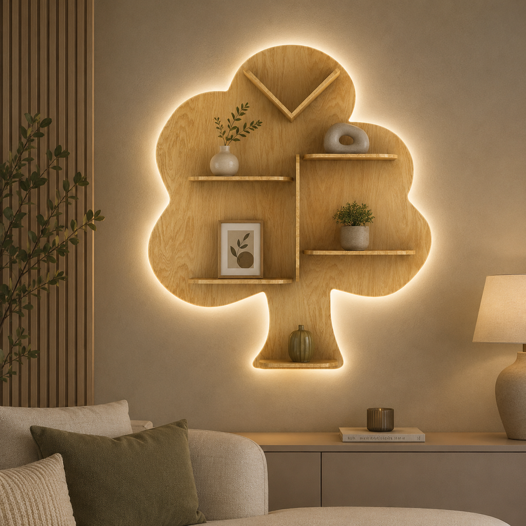 Tree Backlit Designer Wooden Wall Shelf / Book Shelf / Night Light, Light Oak Finish