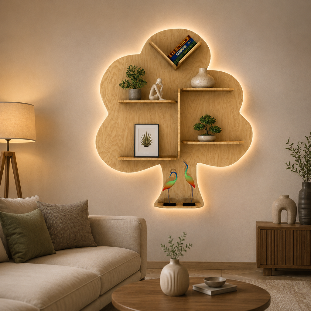 Tree Backlit Designer Wooden Wall Shelf / Book Shelf / Night Light, Light Oak Finish