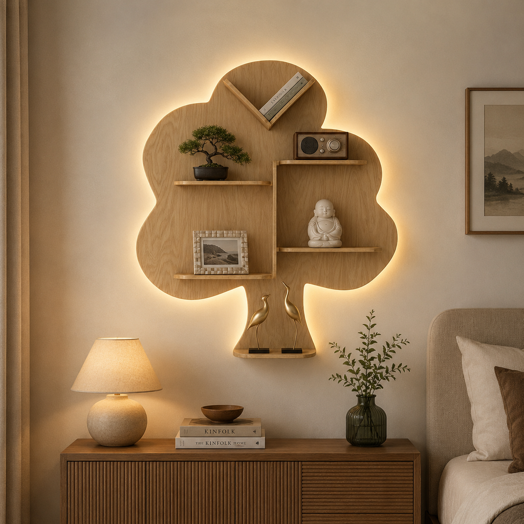 Tree Backlit Designer Wooden Wall Shelf / Book Shelf / Night Light, Light Oak Finish