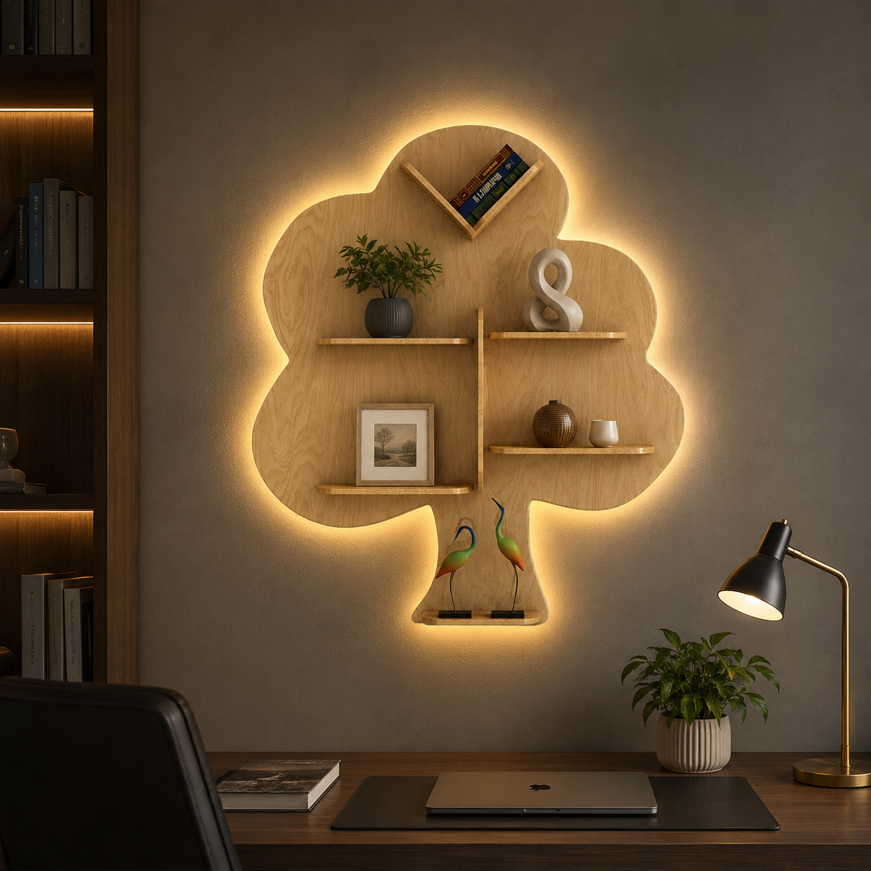 Tree Backlit Designer Wooden Wall Shelf / Book Shelf / Night Light, Light Oak Finish
