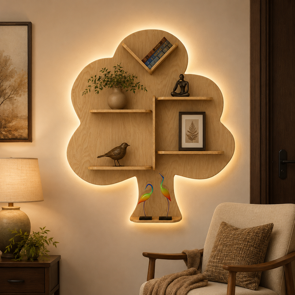 Tree Backlit Designer Wooden Wall Shelf / Book Shelf / Night Light, Light Oak Finish
