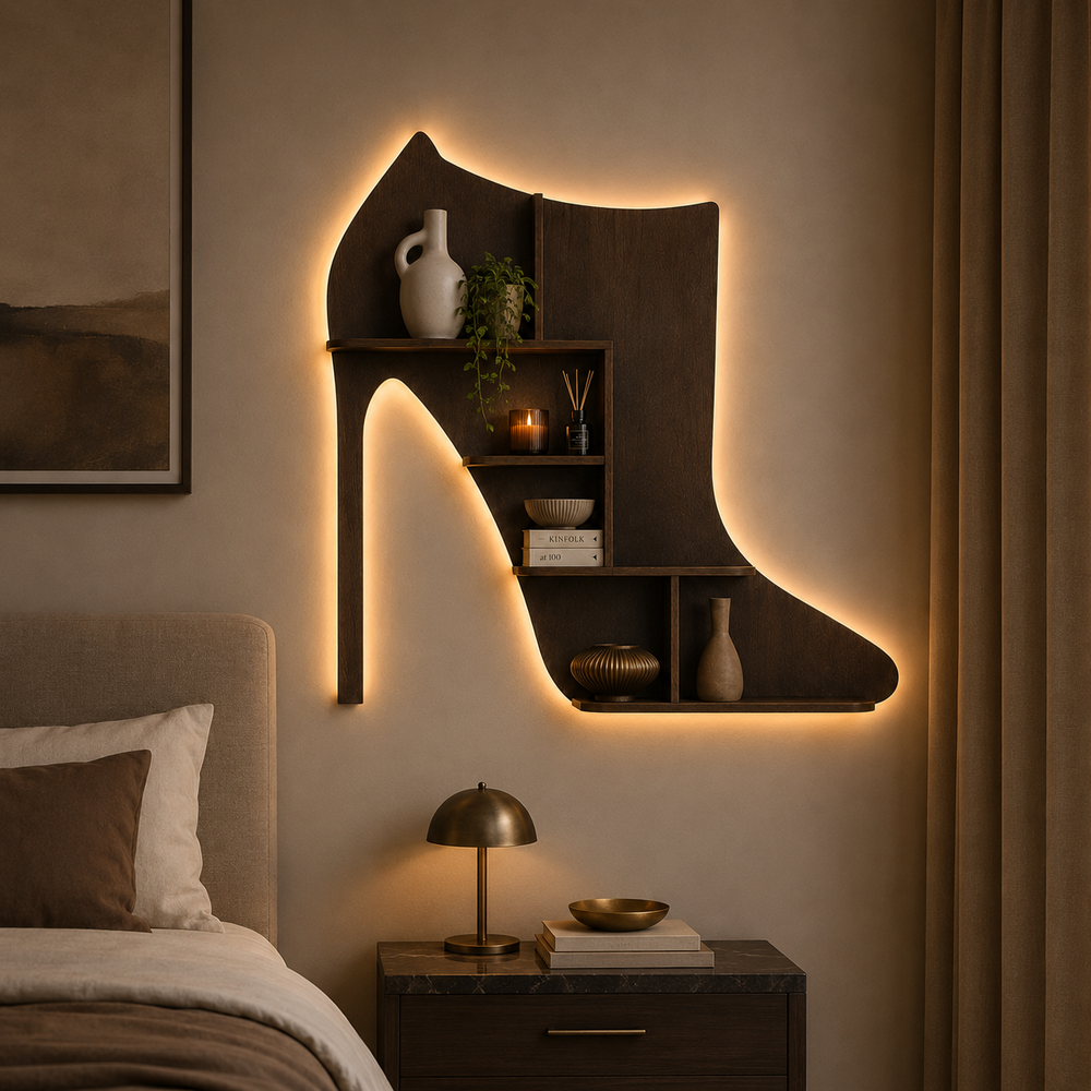 Beautiful Sandal Shape Designer Wooden Wall Shelf /Women's Sandal And Shoe Shelf, Walnut Finish