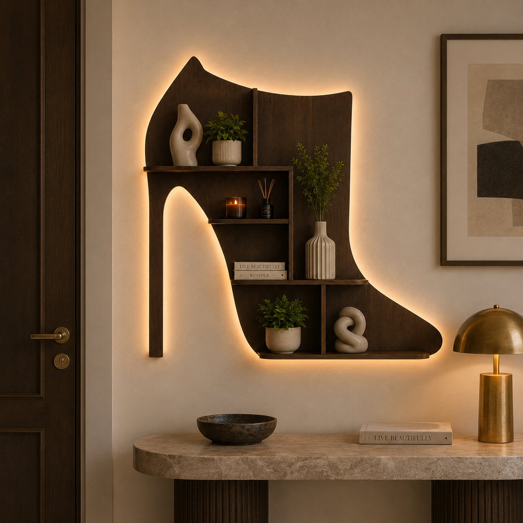 Beautiful Sandal Shape Designer Wooden Wall Shelf /Women's Sandal And Shoe Shelf, Walnut Finish