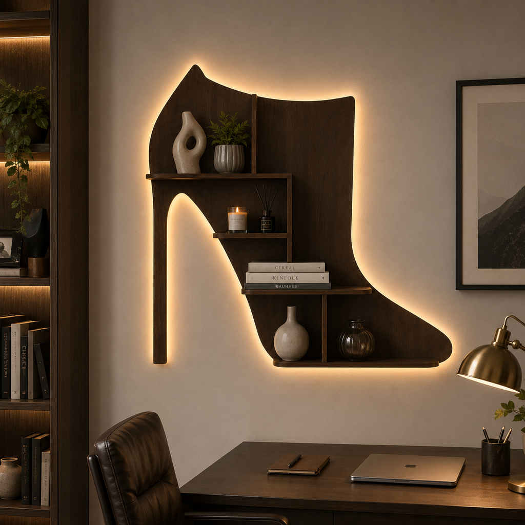 Beautiful Sandal Shape Designer Wooden Wall Shelf /Women's Sandal And Shoe Shelf, Walnut Finish