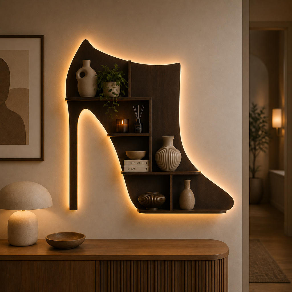 Beautiful Sandal Shape Designer Wooden Wall Shelf /Women's Sandal And Shoe Shelf, Walnut Finish