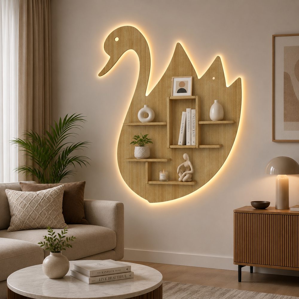 Designer Swan Shape Backlit Wooden LED Light Wall Shelf with Oak Finish