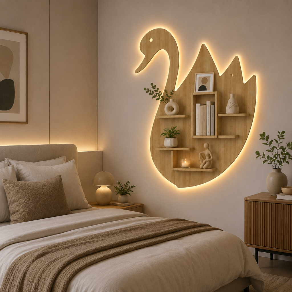 Designer Swan Shape Backlit Wooden LED Light Wall Shelf with Oak Finish