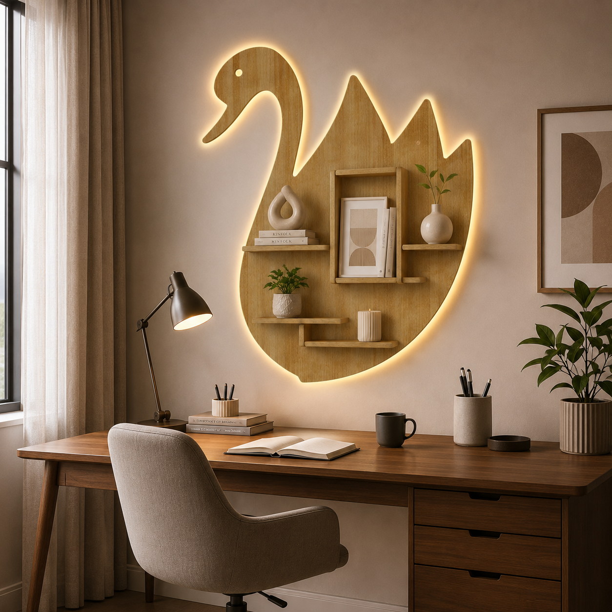 Designer Swan Shape Backlit Wooden LED Light Wall Shelf with Oak Finish