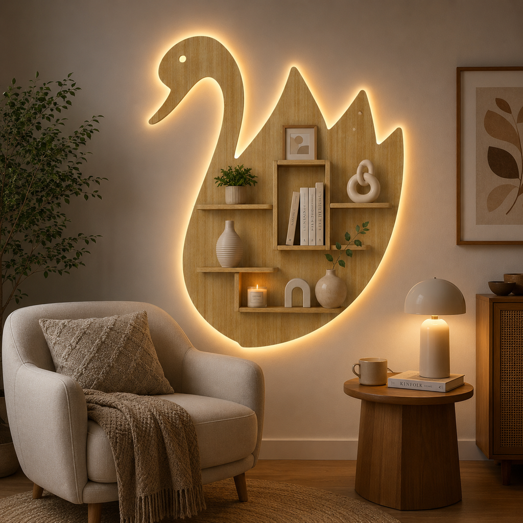 Designer Swan Shape Backlit Wooden LED Light Wall Shelf with Oak Finish